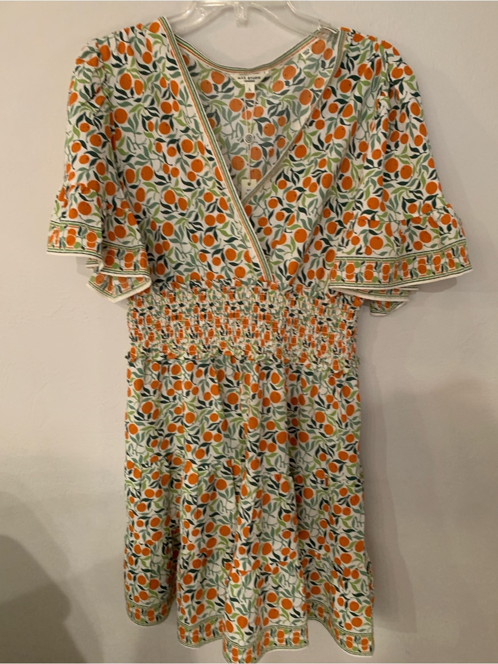 Max Studio London Orange & Green Fruit Print Mini Dress NWT L retail $168